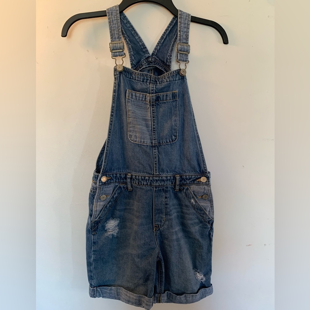 Gap Denim Blue Patch Shortalls Overalls Kids XL Frayed Pockets Cuff